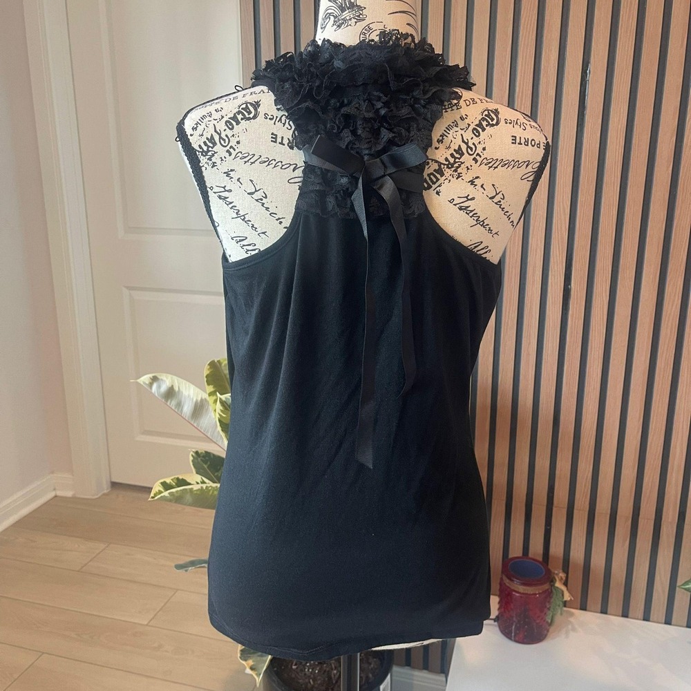 y2k Self‎ Esteem Black Tank Top Ruffle Lace Halter Tie Back Sleeveless XL